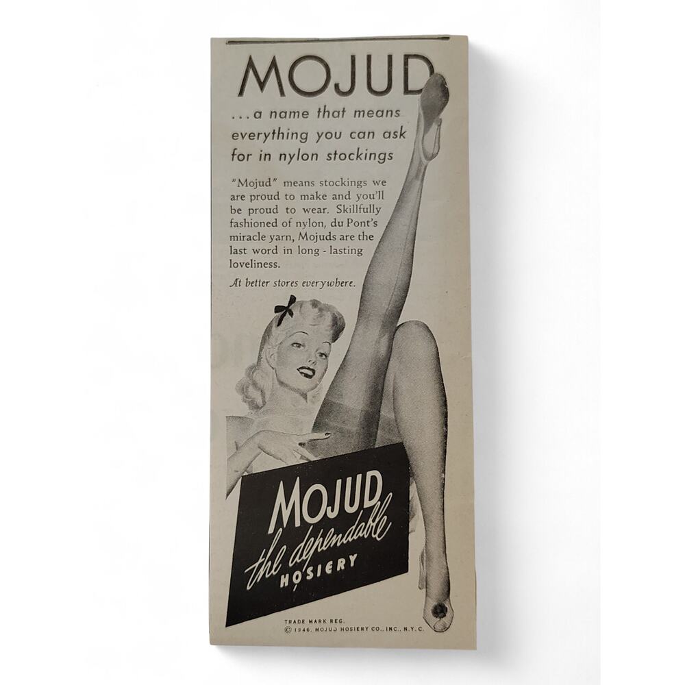 1946 Mojud Hosiery Print Ad Nylon Stockings Sexy Leg Pin-Up MCM Fashion Ephemera